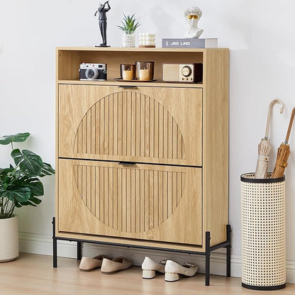 Fluted Shoe Cabinet with 2 Flip Drawers, Slim Freestanding Hidden Shoe Cabinet Organizer, Narrow Shoes Storage Rack for Entryway (All Natural-2 Drawers, 9.45" D x 31.5" W x 41.93" H)