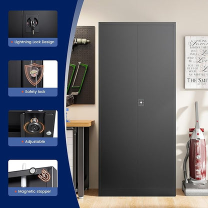 Yizosh Metal Garage Storage Cabinet with Lock, 71" Locking Tool Cabinet with 2 Doors and 5 Shelves, Tall Steel Cabinet for Garage, Heavy Duty File Cabinet for Office, School (Black)