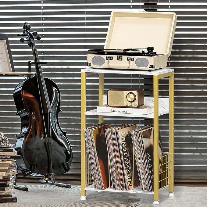 LELELINKY Side Table,White Marble Night Stand with Golden Metal Frame,3 Tier Industrial Wooden Record Player Stand with Vinyl Storage Shelf ,End Tables for Living Room Bedroom Small Spaces