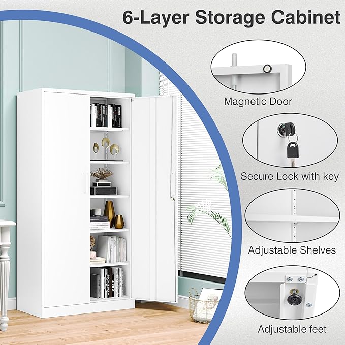 Metal Garage Storage Cabinet, 72" Tall White Tool Cabinet with Lockable Doors and 5 Adjustbale Shelves for Garage,HomeOffice