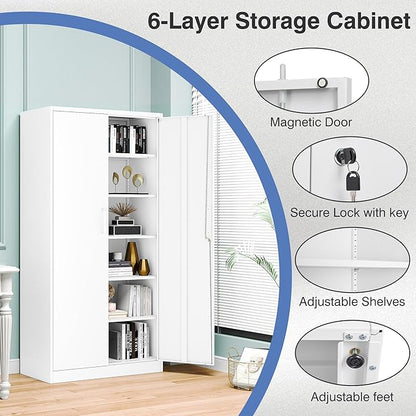 Metal Garage Storage Cabinet, 72" Tall White Tool Cabinet with Lockable Doors and 5 Adjustbale Shelves for Garage,HomeOffice