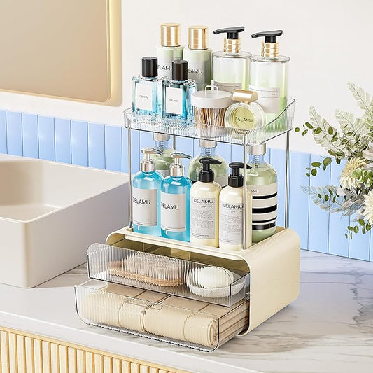 Delamu Bathroom Counter Organizer 2-Drawers 2-Tier Acrylic Makeup Organizer for Vanity Countertop, Skincare Perfume Storage, Easy Assembly, Ideal for Women, Bath Linen Sets, CreamWhite