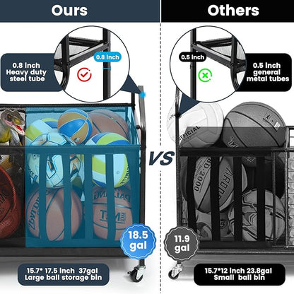 Kinghouse Garage Sports Equipment Organizer with 37 Gal Ball Storage Bin, Sports Rack with Hooks Elastic Straps for Basketball, Soccer, Tennis, Stick, Racket, Nerf Gun, Toy, Indoor, Outdoor