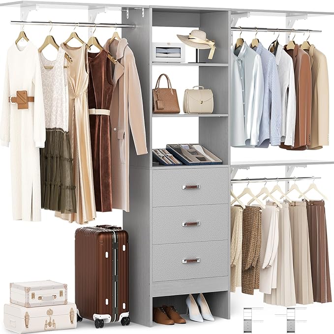Closet System with 3 Drawers - 8FT Wood Closet Organizer with 3 Shelving Tower & Hanging Rods, 96" Walk-in Wardrobe Closet Organizer System for 4-8FT Spaces, Heavy Duty Garment Clothes Rack, Grey