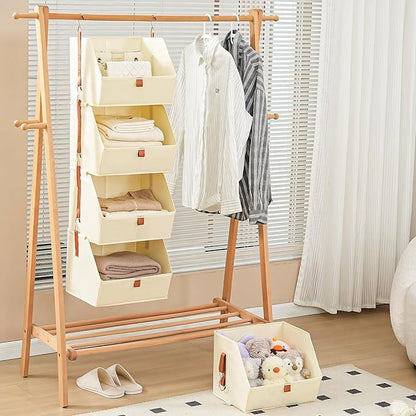 4 Tier Hanging Closet Organizer,Disassemblable Clothes Hanging Shelves,Fabric Closet Organizer System for Space-Saving,Foldable Storage Basket for Bedroom, Rv (1 Pack,Beige)
