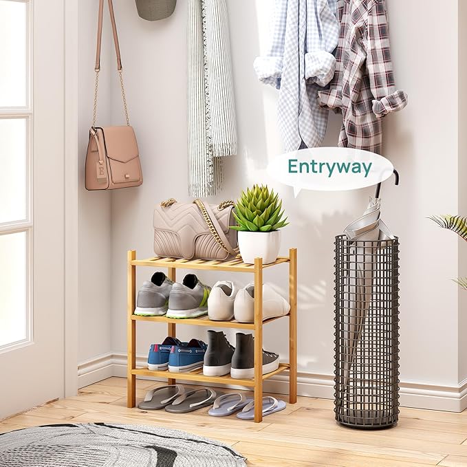 Small Shoe Rack, 3-Tier Shoe Rack for Entryway, Bamboo Wood Shoe Shelf for Closet & Hallway, Long 17.2IN | Beautiful | Functional | Sturdy | Durable