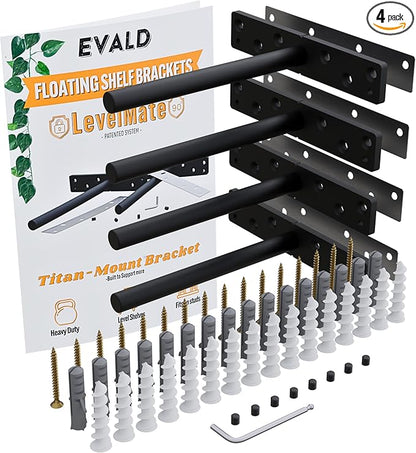 EVALD LevelMate™ 6" Titan-Mount Floating Shelf Brackets | Heavy Duty Hidden Black Carbon Steel Wall Supports for Wood Mantel, Bookshelf, Kitchen & Office Shelving | Invisible Bracket Hardware (4 Pack)