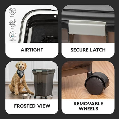 IRIS USA Dog Food Storage Container 58 lbs, Attachable Wheels, for Dog Cat Birds and other Pets, Food Storage Bin, Keep Fresh, Easy Mobility, BPA Free - Made in the USA, Black
