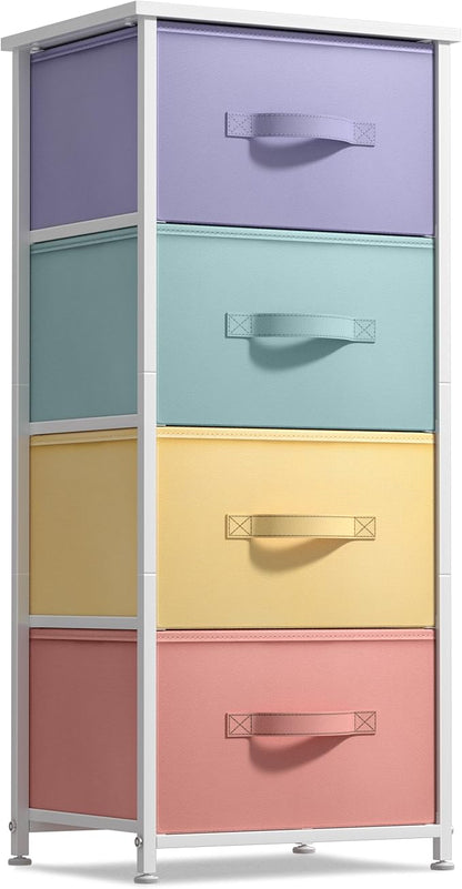 Sorbus Nightstand with 4 Drawers - Bedside Furniture & Accent End Table Chest for Home, Bedroom, Office, College Dorm, Steel Frame, Wood Top, Easy Pull Fabric Bins (4-Drawer, Pastel/White)