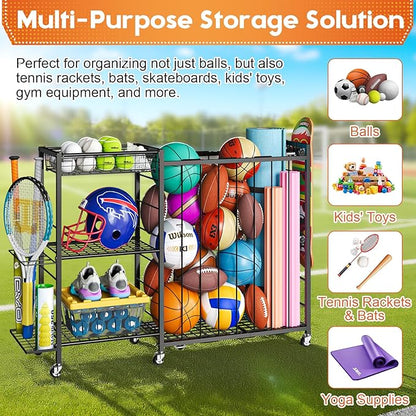 Ball Storage with Elastic Rope for Sports and Outdoors, Garage Organization with Wheels for Sports Gear and Toys, Large-Capacity Sports Equipment Organizer with Baseball Bat Holder and Basketball Rack