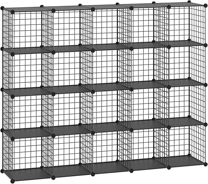 HUBSON Wire Cube Storage Organizer, Book/Toy/Craft/Potted Plants and petCloset Organizers and Storage Shelves 20-Cube Freely Combinable Metal Grids Storage Shelf,Black Plus Iron