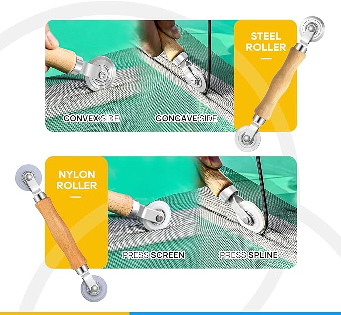 King&Charles Window Screen Door Repair/Replacement Kit, Include Gray Screen Mesh 59"x106"+ 2 Roller+50Ft Spline+8Clips+Hook, 6 in 1 Window Mesh Kit, Steel/Nylon Bearing Roller