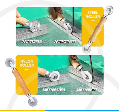 King&Charles Window Screen Door Repair/Replacement Kit, Include Gray Screen Mesh 59"x106"+ 2 Roller+50Ft Spline+8Clips+Hook, 6 in 1 Window Mesh Kit, Steel/Nylon Bearing Roller