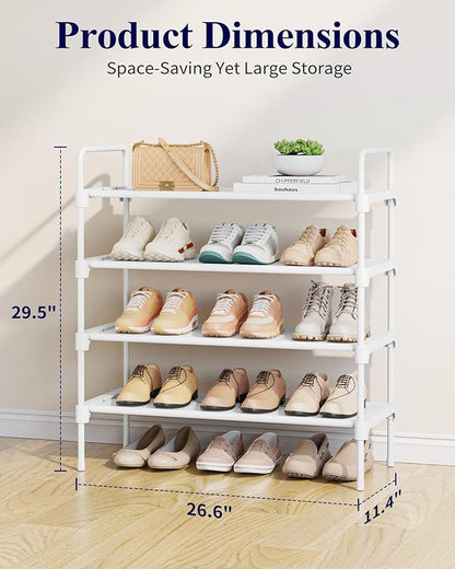 Kitsure Shoe Rack - 4-Tier Shoe Organizer with Handles & Non-Slip Feet, Rust-Resistant Metal Shoe Rack for Closet, Entryway, Bedroom, Living Room, 26.6" Wide - 4 Tiers, White