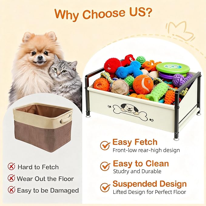 Dog Toy Basket for Storage, Metal Frame Oxford Fabric Pet Toy Organizer with Raised Legs, Large Capacity Dog Toy Bin with Front Low Opening, Washable and Durable Design