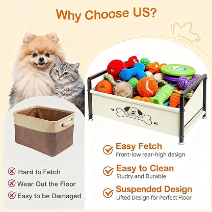 Dog Toy Basket for Storage, Metal Frame Oxford Fabric Pet Toy Organizer with Raised Legs, Large Capacity Dog Toy Bin with Front Low Opening, Washable and Durable Design