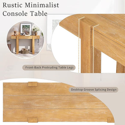 SOFTSEA Rustic Entryway Table with Hidden Drawer, Wood Console Table with Side Power Outlet, Sofa Table for Living Room Office, Natural