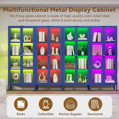 Glass Display Cabinet with Glass Doors, Metal Curio Cabinet with 8-Color LED Lights, 66 Inch Tall Display Case for Collectibles, Blue Storage Cabinet for Living Room, Assembly Required