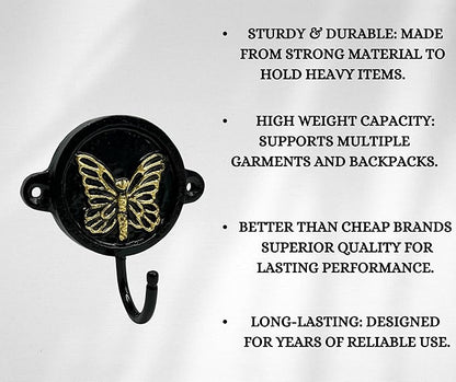 Aluminium Butterfly Print (1-Pack) Single Wall Hooks, Black Butterfly Themed Hooks for Hanging Leash-Wall Mount Hanger, Organization Decorative Wall Hook (Butterfly)