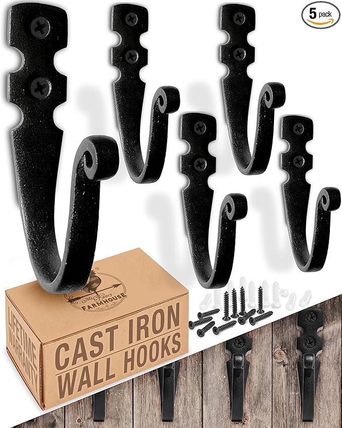 Cast Iron Wall Hooks (5 Pack) Handmade Blacksmith - Wall Mounted J Hooks - Farmhouse Decorative - Vintage Hooks for Hanging Coats, Bags or Pots in Pantry (2 Screws Each Hook for Strength)