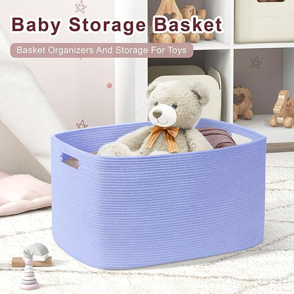 72L Large Baby Girls Laundry Basket for Nursery Storage,Cute Woven cotton Rope Baskets for Kids Toy，Gifts, Boho Square Wicker Blanket hamper for Living Room,Bedroom Dirty Clothes,Blue Purple