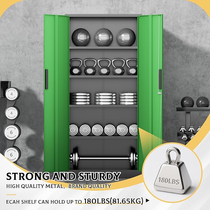 SUNCROWN 72" Metal Storage Cabinet - Heavy-Duty Metal Garage Cabinet with 4 Adjustable Shelves & 2 Doors for Tools, Office, Home, Workshop,Black & Green-Small