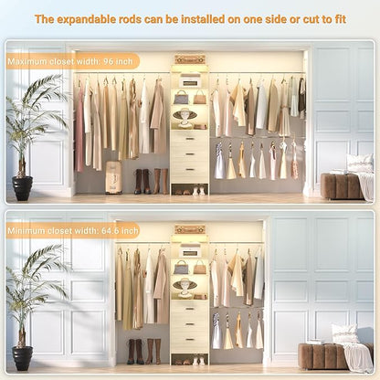 96'' Closet Organizer System with 3 Hanging Rods, 8FT Closet Organizers and Storage with 3 Wooden Drawers, Built in Closet Organizer Systems, Adjustable Walk-in Wardrobe from 2-8FT, Light Oak