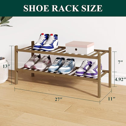 Smiry Bamboo Shoe Rack for Closet, 2 Tier Wooden Stackable Shoe Organizer, Free Standing Shoes Storage Shelf for Entryway, Front Door Entrance, Walnut