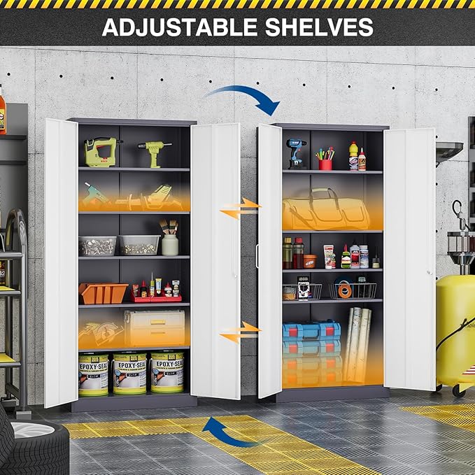 Metal Cabinet Steel Storage Cabinet - 71” Tall Steel File Cabinets with Lockable Doors and 5 Adjustable Shelves Gray&White Storage Cabinets for Home, School, Office, Garage