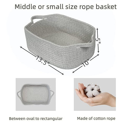 Woven Cotton Rope Storage Basket with Handles for Organizing Shelves Closet Small Cat Dog Pet Toy Baskets Box Bin Decorative Rectangle Baby Nursery basket Gift basket Empty(light grey)