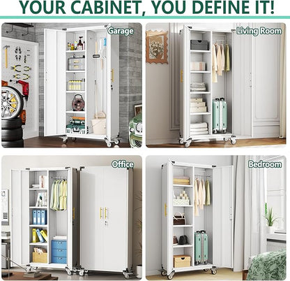 71" Garage Storage Cabinet with Hanging Rod,Lockable Metal Broom Closet Storage Cabinet with 4 Adjustable Shelves for Tools,Garage Home,Office Required Assembly,White