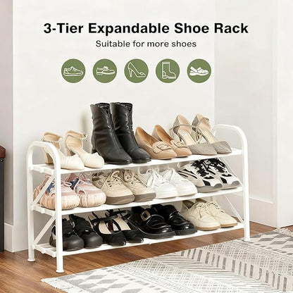 3-Tier Shoe Rack for Closet, 16"-33" Expandable ShoeRackAdjustable for Entryway Closet Doorway SturdyMetal, White