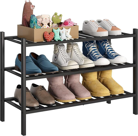 BMOSU 3-Tier Bamboo Shoe Rack Premium Stackable Shoe Shelf Storage Organizer for Hallway Closet Living Room Entryway Organizer (Black Bamboo)