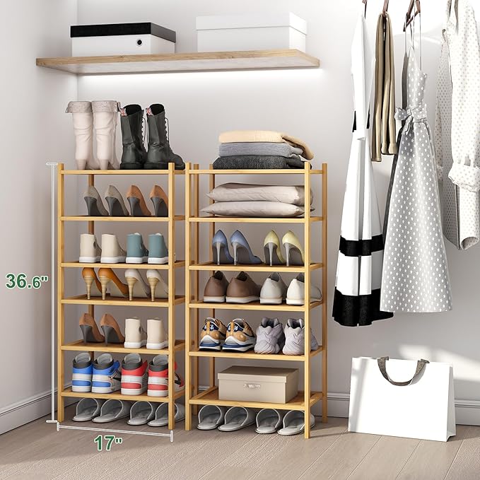 6-Tier Small Bamboo Shoe Rack for Entryway, Stackable | Foldable | Natural, Shoe Organizer for Hallway Closet, Free Standing Shoe Racks for Indoor Outdoor