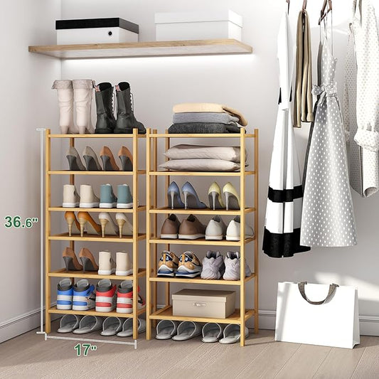 6-Tier Small Bamboo Shoe Rack for Entryway, Stackable | Foldable | Natural, Shoe Organizer for Hallway Closet, Free Standing Shoe Racks for Indoor Outdoor