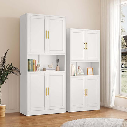 61.02" Kitchen Pantry Cabinet, Large Metal Storage Cabinet with 4 Doors and 1 Open Storage Compartment, Corner Display Organizer with 2 Adjustable Shelves for Kitchen Bedroom or Hallways (White)