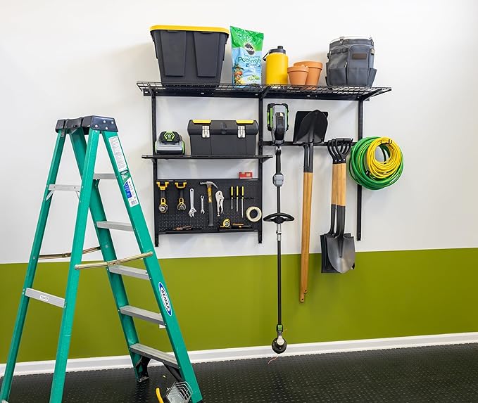 StoreYourBoard G-Tool Pro Storage System, Adjustable Garage Wall Mount Organizer With Pegboard & Shelf, Yard Shovel Rake Holder, Holds 500 Lbs