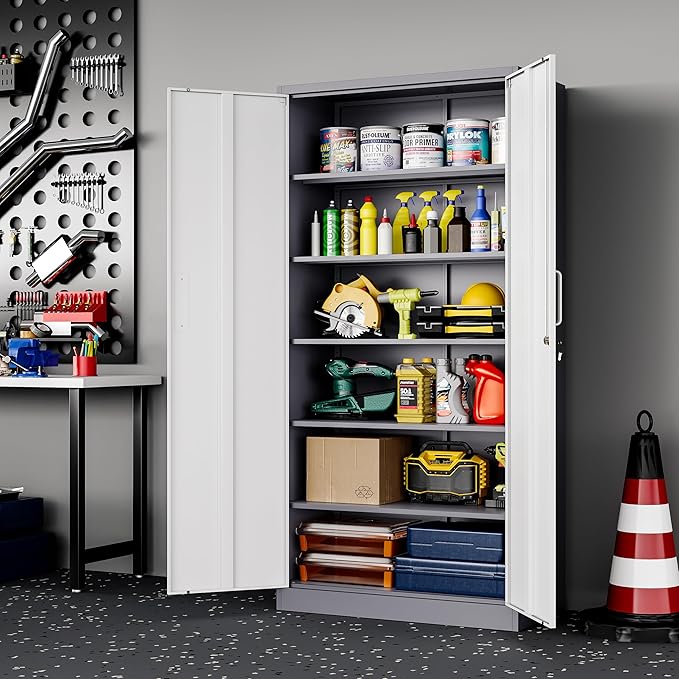 Metal Garage Storage Cabinet, 71-inch Tall Cabinet with Adjustable Shelves & Locking Doors, Tool Cabinets for Garage,Office,Home,School,Gym (Grey White)