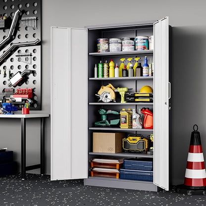 Metal Garage Storage Cabinet, 71-inch Tall Cabinet with Adjustable Shelves & Locking Doors, Tool Cabinets for Garage,Office,Home,School,Gym (Grey White)