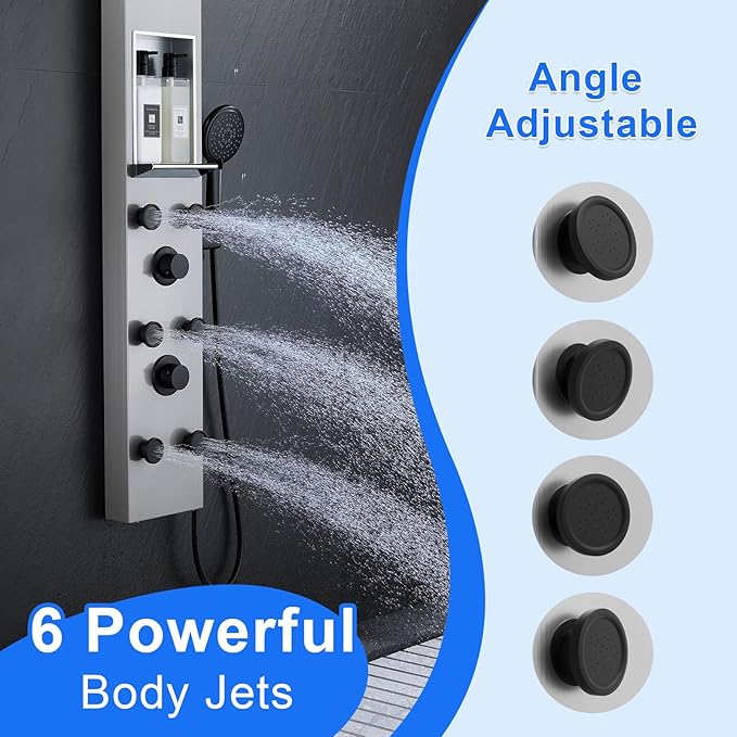 POPFLY Shower Panels System with 8-inch Rainfall Shower and Shelf, Shower Tower with Adjustable Head, 6 Body Jets and 5-Setting Handheld Shower, Brushed Nickel, Stainless Steel