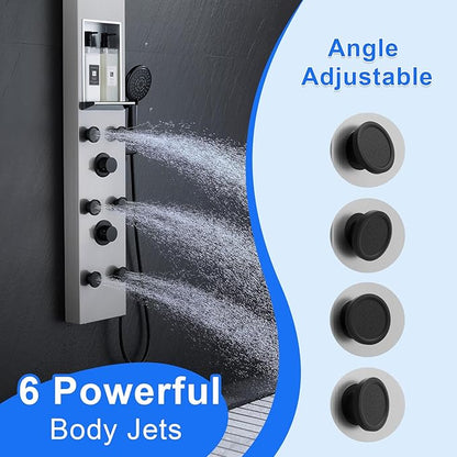POPFLY Shower Panels System with 8-inch Rainfall Shower and Shelf, Shower Tower with Adjustable Head, 6 Body Jets and 5-Setting Handheld Shower, Brushed Nickel, Stainless Steel