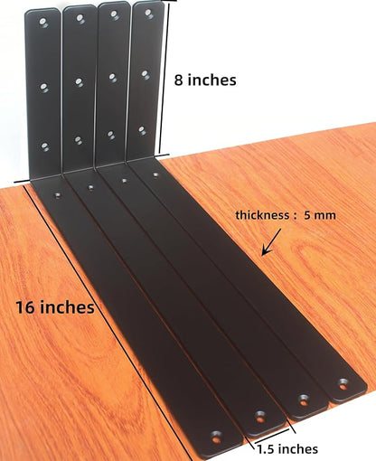 6 Pack - L 16" x H 8" x W1.5, 5mm Thick Black L Shelf Bracket, Iron Shelf Brackets, Metal Shelf Brackets, Floating Shelf, Shelf Supports with Screws