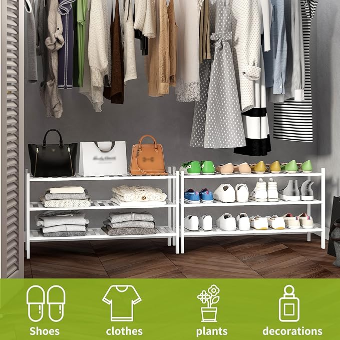 BMOSU 3-Tier Bamboo Extended Shoe Rack Premium Stackable Shoe Shelf Storage Organizer for Hallway Closet Living Room Entryway Organizer(White Bamboo)