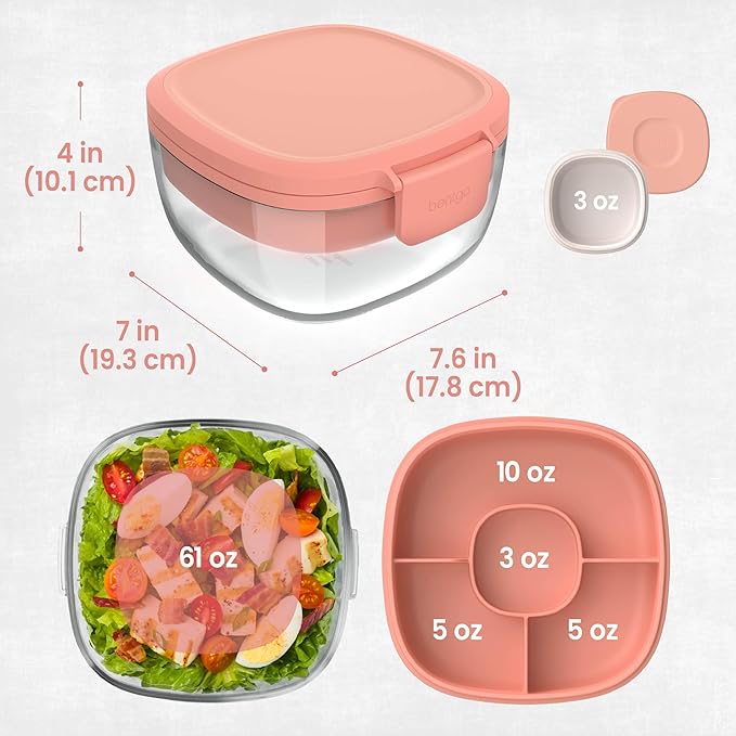 Bentgo Glass Salad Container - 7.6-Cup Salad Bowl with Airtight Lid, Leak-Proof Sauce Container, 4-Compartment Bento Tray & Reusable Fork - BPA-Free for Meal Prep, Office & More (Coral)