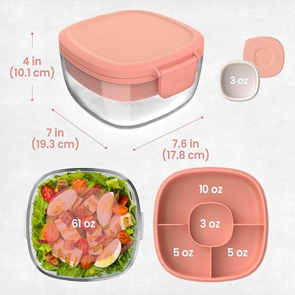 Bentgo Glass Salad Container - 7.6-Cup Salad Bowl with Airtight Lid, Leak-Proof Sauce Container, 4-Compartment Bento Tray & Reusable Fork - BPA-Free for Meal Prep, Office & More (Coral)