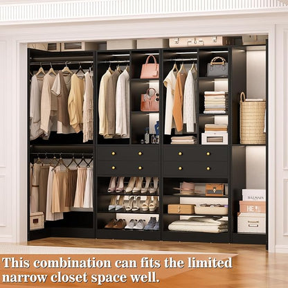 Closet System with 2 Drawers, 3 Hanging Rods, 59.5" * 31.5" Closet Organizer System with Corner Tower, Reversible L Shaped Walk-in Closet System, Corner Closet System Set of 2, Black