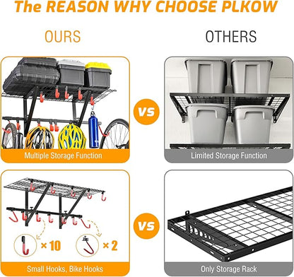 PLKOW Garage Wall Shelving 1 Pack Includes 2 Bike Hooks, Wall Shelves Garage Organizer with Vertical Bike Hanger, Powder Coated Steel (1 Pack)