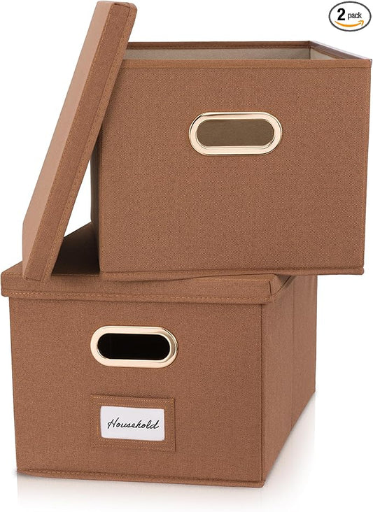 ZICOTO Decorative File Organizer Box Set of 2 - Collapsible Linen Filing Cabinets w/Handles Are Perfect to Store all Your Documents & Hanging File Folders - Portable Easy Slide Crates with Lid