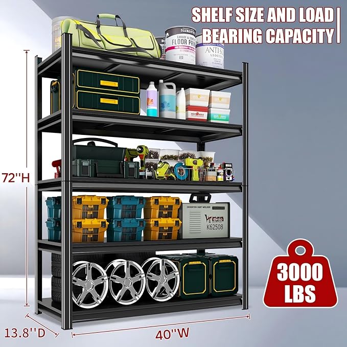 72" H x 40" W Garage Shelving Unit | Heavy Duty 5-Tier Steel | 3000LB Capacity | Garage & Basement Storage | Industrial Metal Shelving for Warehouses & Workshops | Adjustable, Rust-Resistant, Black