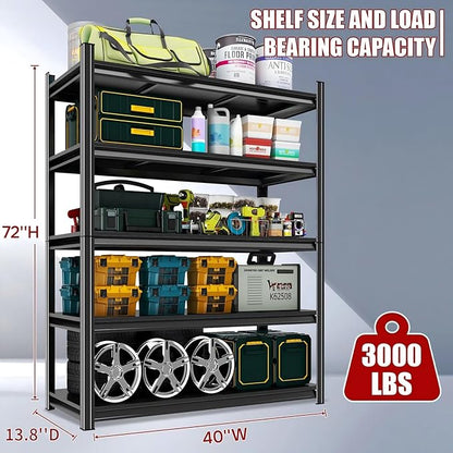 72" H x 40" W Garage Shelving Unit | Heavy Duty 5-Tier Steel | 3000LB Capacity | Garage & Basement Storage | Industrial Metal Shelving for Warehouses & Workshops | Adjustable, Rust-Resistant, Black